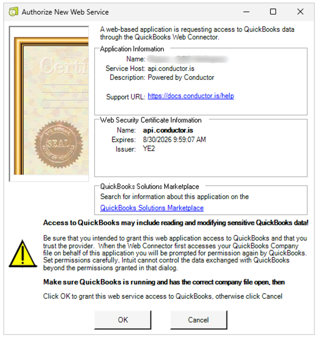 Click OK to authorize the new web service