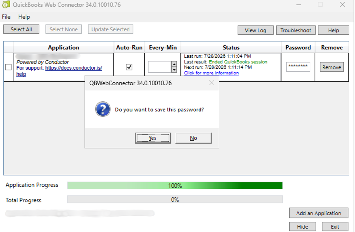 Click Yes to save the Web Connector password