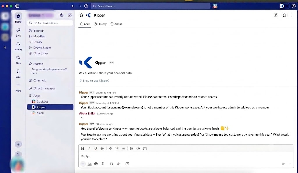 Kipper under Apps in the Slack sidebar